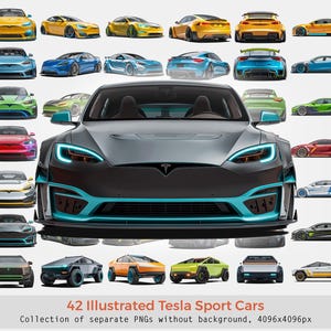 Puede incluir: Una colección de 42 coches deportivos Tesla ilustrados en varios colores, como amarillo, azul, verde, rojo y plateado. Los coches se muestran desde diferentes perspectivas, destacando su diseño. Texto en la parte inferior de la imagen.