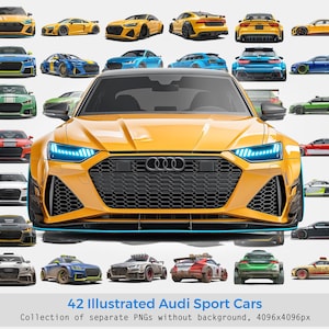 May include: A collection of 42 illustrated Audi sport cars in various colors, including yellow, blue, green, and red. The cars are presented from multiple angles, showcasing their design and features. The image includes the text "42 Illustrated Audi Sport Cars".