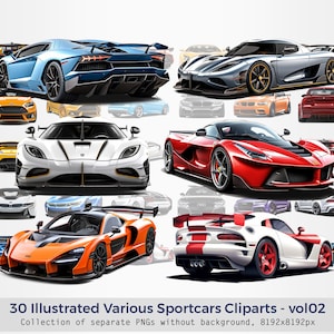 Illustrated Various Sportcars Cliparts vol02, Supercars Clipart, PNGs without background, Sport Cars Illustration, Super Cars