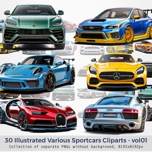 Ilustrados varios Sportcars Cliparts vol01, Supercars Clipart, PNGs sin fondo, Ilustración de autos deportivos, Supercars