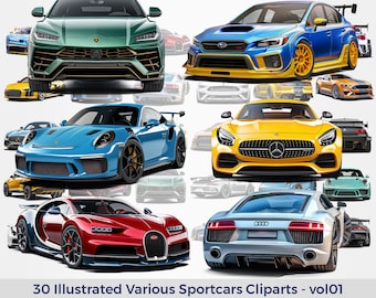 Illustrated Various Sportcars Cliparts vol01, Supercars Clipart, PNGs without background, Sport Cars Illustration, Super Cars