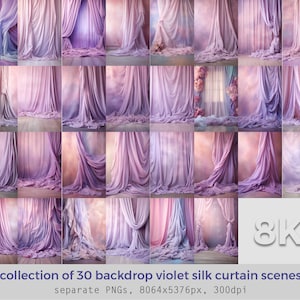 Backdrop Violet Silk Curtain Scenes, 30 Images 8K, Photography Background, Digital Backdrop For Photoshop, Maternity, Wedding