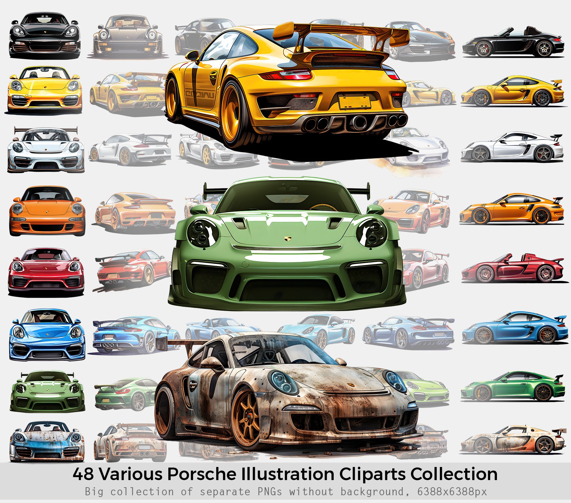 Illustrated Porsche Cliparts, Sportcars Porsche clipart, PNGs without background, Sport cars illustration, 6388x6388px