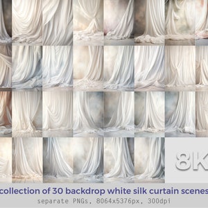 Backdrop White Silk Curtain Scenes, 30 Backdrop Images 8K, Photography Background, Digital Backdrop For Photoshop, Maternity, Wedding