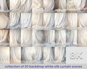 Backdrop White Silk Curtain Scenes, 30 Backdrop Images 8K, Photography Background, Digital Backdrop For Photoshop, Maternity, Wedding