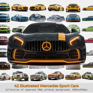 以下が含まれることがあります： さまざまな色とデザインの42台のメルセデススポーツカーのイラスト。車はさまざまな角度から描かれており、前面、背面、側面が示されています。画像には「42 Illustrated Mercedes Sport Cars」というテキストが含まれています。