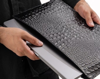Crocodile Black: Leather Laptop Sleeve/Cover | Macbooks 13inch, 15–15.6 inch | Perfect handmade gift