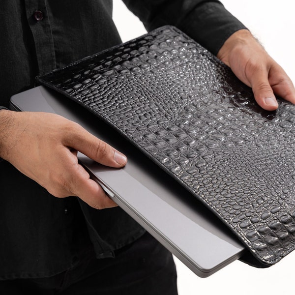 Crocodile Black: Leather Laptop Sleeve/Cover | Macbooks 13inch, 15–15.6 inch | Perfect handmade gift