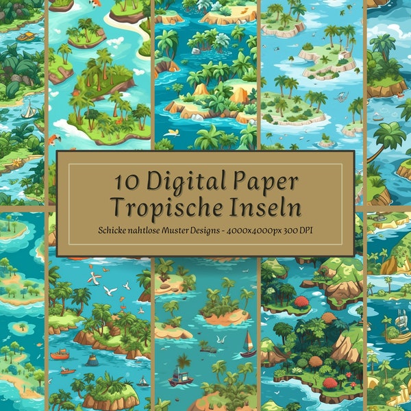 10 Digital Paper Tropische Inseln| Tropische Blätter nahtloses Muster| Small Tropical Island| Insel Bilder| Insel Bilder ausdrucken|seamless