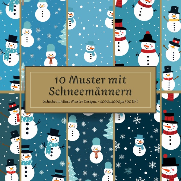 10 Muster mit Schneemännern | Schneemann Tischdecke Serviette | Schneemann Hut | Schneemann Kohle | Zylinder Hut Digital | Schneemann Figur