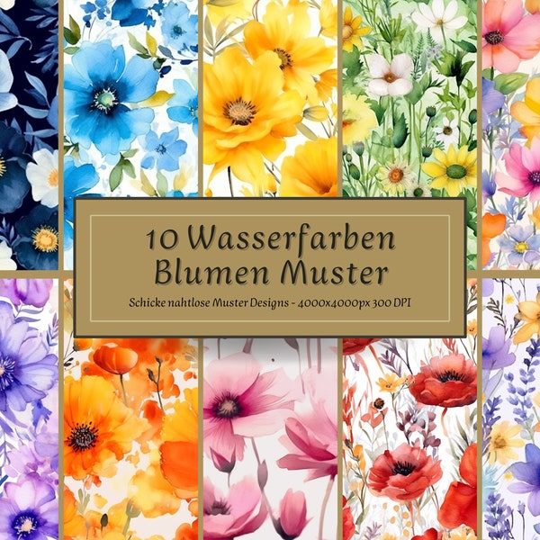 10 Blumen Digitales Papier| Nahtlose Stoffdesign | Nahtlose Muster Digital | Muster Blumen Digital| Blumenmuster drucken| Blumen Wasserfarbe