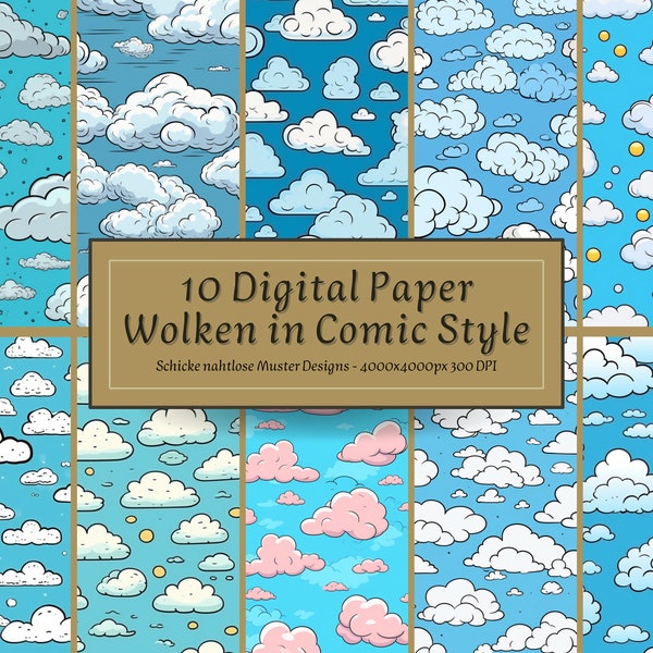 10 Digital Paper Wolken Comic Style| Cloud Print| Wolken Print| Nahtloses Wolken Design| Wolken PNG| Wolken Bilder| Wolken Zeichnen| Deko