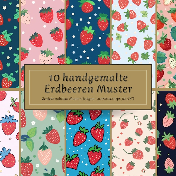 10 handgemalte Erdbeeren Muster| Digital Paper| Erdbeeren Muster Stoffdruck| Erdbeere Deko| Erdbeere Bettwäsche Design| Erdbeere svg nahtlos