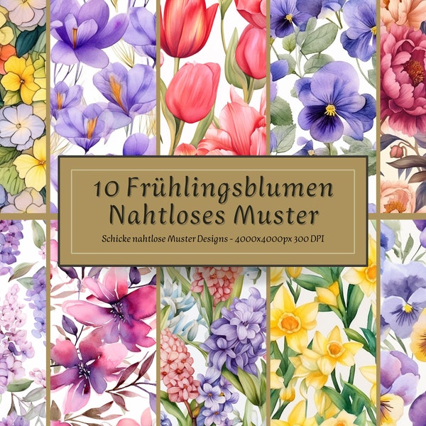 10 Frühlingsblumen Wasserfarben| Blumen Digitales Papier| Nahtloses Muster Blumen| Blumenmuster Druckvorlage| Frühlingsmuster| Sommer| Tulpe