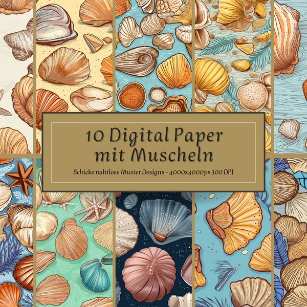 10 Digital Paper Muscheldesign| Muscheldesign| Muscheln Muster| Strand Muster| Muscheln Urlaub| Muscheln bemalt| Muscheln Deko| Seamless Art