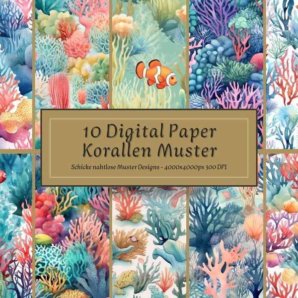 10 Papel digital Korallen / Korallen Deko Meer Digital / Unterwasser Korallen nahtlos / Korallen Nemo / Nemo Fisch Koralle / Unterwasser