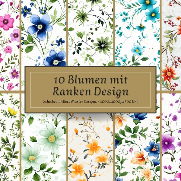 10 Blumen mit Ranken | Ranken Digital | Blumen Ranken nahtlos | Blumen Ranken Muster | Blumen Ranken Druck | Blumen Ranken Kleid | Seamless