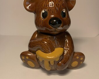 Vintage Honey Pot Bear, glaçure brune en céramique avec bâton de miel en plastique 5,5 pouces
