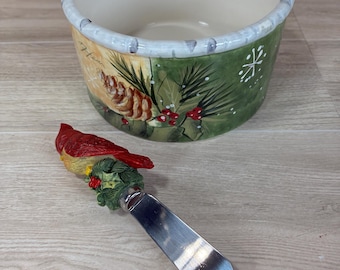 Vintage Holly Birds Ceramic Bowl & Spreader