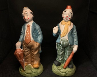 Vintage Set of 2 Clowns With Baseball Bat And Umbrella 8”