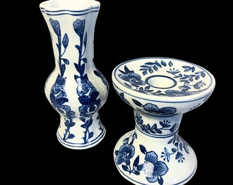 Vintage Porcelain Blue & White floral design Set of 2-- candlestick and vase