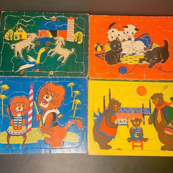 Vintage puzzles Set of 4, Lambs, Kittens, Bears, Lions 11.5 x 9.5