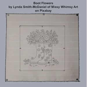May include: Monochrome illustration of wellington boots overflowing with flowers. The boots feature floral designs. The artwork is on a beige canvas, with the text "Boot Flowers by Lynda Smith-McDaniel of Missy Whimsy Art on Pixabay".