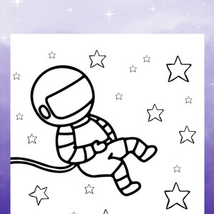 May include: A black and white line drawing of an astronaut floating in space. The astronaut is wearing a spacesuit and helmet. There are stars in the background.