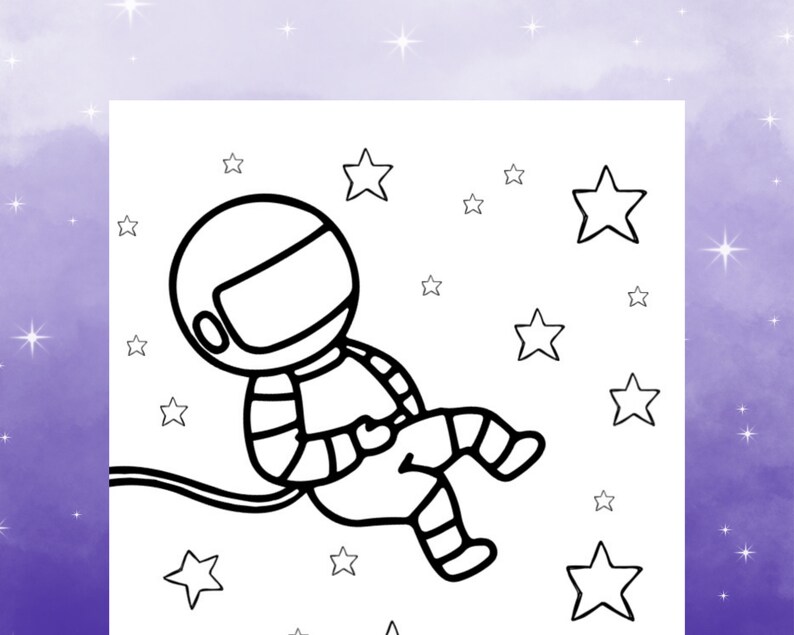 May include: A black and white line drawing of an astronaut floating in space. The astronaut is wearing a spacesuit and helmet. There are stars in the background.