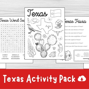 Set of 5 Texas Activity Pages, Texas State Symbols, Texas Activity Pages, Texas Printable, US State Unit, 4th Grade Worksheet