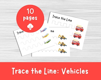 May include: A printable worksheet for kids to practice tracing lines. The worksheet features a variety of vehicles, including airplanes, excavators, and fire trucks. The text "Trace the Line" is at the top of the page. The worksheet is part of a set of 10 pages.