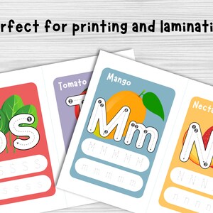 May include: Four printable alphabet tracing cards featuring a spinach, tomato, mango, and nectarine. Each card has a large letter with dotted lines for tracing, a smaller letter, and a line for writing the letter multiple times. The text on the cards reads "Spinach", "Tomato", "Mango", and "Nectarine".