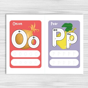 May include: A printable worksheet for learning the letters O and P. The worksheet features an illustration of an onion and a pear, with dotted lines to trace the letters. The words "Onion" and "Pear" are printed at the top of the page.
