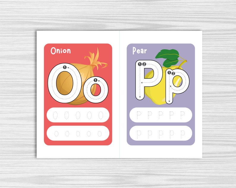 May include: A printable worksheet for learning the letters O and P. The worksheet features an illustration of an onion and a pear, with dotted lines to trace the letters. The words "Onion" and "Pear" are printed at the top of the page.