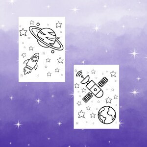 May include: Two black and white coloring pages featuring space-themed illustrations. The first page shows a rocket ship flying past a planet with rings. The second page shows a satellite orbiting a planet with stars in the background.