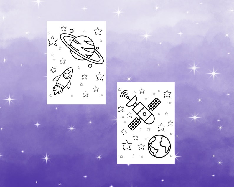 May include: Two black and white coloring pages featuring space-themed illustrations. The first page shows a rocket ship flying past a planet with rings. The second page shows a satellite orbiting a planet with stars in the background.