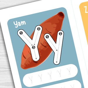 May include: A printable worksheet for children to learn the letter Y. The letter Y is traced over a picture of a yam. The word "Yam" is written above the letter. There are four blank lines below the letter for practice writing the letter Y.