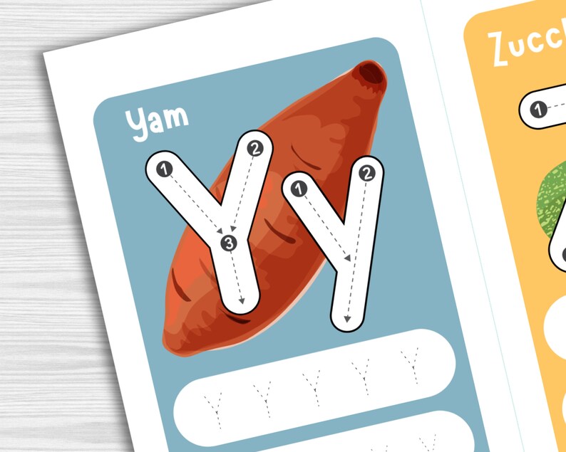 May include: A printable worksheet for children to learn the letter Y. The letter Y is traced over a picture of a yam. The word "Yam" is written above the letter. There are four blank lines below the letter for practice writing the letter Y.