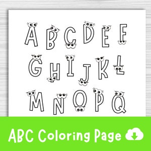 May include: Black and white printable coloring page featuring the alphabet with googly eyes. The letters are in uppercase and have a simple, cartoon-like style. The text "ABC Coloring Page" is at the bottom of the page.