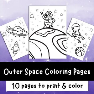 May include: A set of 10 black and white coloring pages featuring outer space themes. The pages include astronauts, planets, stars, and rockets.  These pages are perfect for kids who love space.