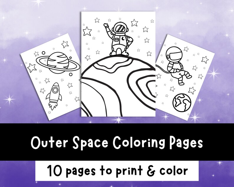May include: A set of 10 black and white coloring pages featuring outer space themes. The pages include astronauts, planets, stars, and rockets.  These pages are perfect for kids who love space.