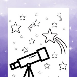 May include: A black and white line drawing of a telescope pointed at a shooting star. The image is set against a background of stars.