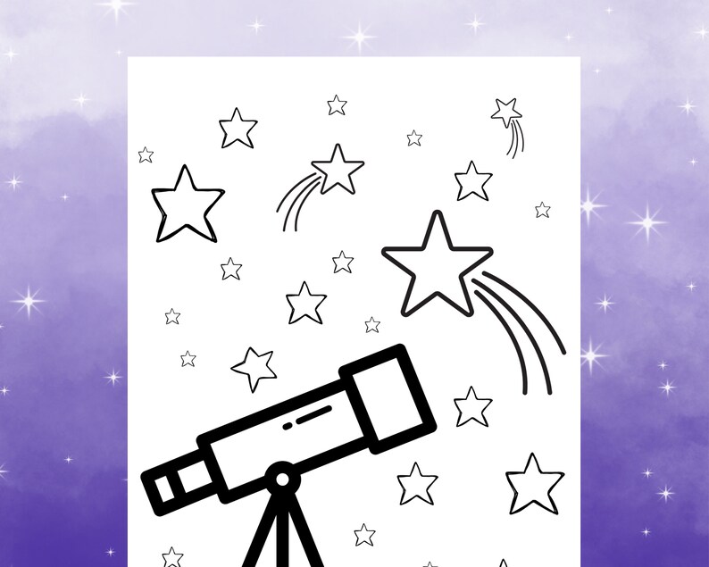 May include: A black and white line drawing of a telescope pointed at a shooting star. The image is set against a background of stars.