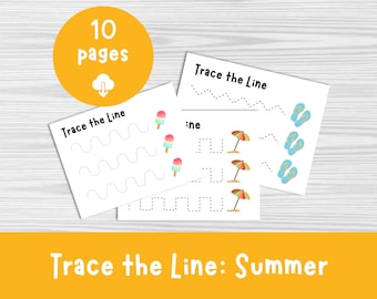 Puede incluir: Trace the Line: Summer es un libro de trabajo imprimible con 10 páginas de actividades de trazado para niños. Las páginas presentan imágenes con temática de verano como conos de helado, chanclas y sombrillas.