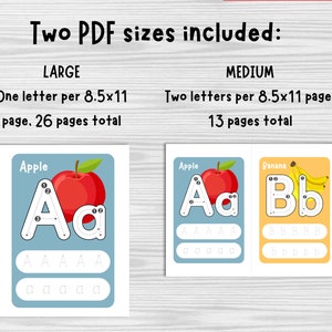 May include: Two printable alphabet tracing worksheets for children. The first page features a red apple with the letter A and the second page features a yellow banana with the letter B. Both pages include uppercase and lowercase letter tracing lines and space for practising writing the letters.