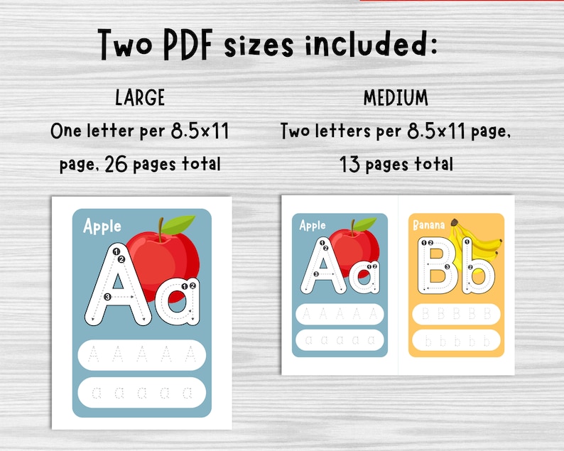 May include: Two printable alphabet tracing worksheets for children. The first page features a red apple with the letter A and the second page features a yellow banana with the letter B. Both pages include uppercase and lowercase letter tracing lines and space for practising writing the letters.