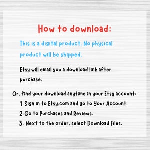May include: Instructions on how to download a digital product. This text explains that the product is digital and will be emailed to the buyer after purchase. It also explains how to find the download link in the Etsy account.