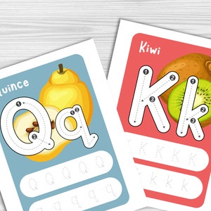 May include: Two printable alphabet tracing worksheets for children. The first worksheet features a quince and the letter Q. The second worksheet features a kiwi and the letter K. Both worksheets have dotted lines to help children trace the letters and practise writing them.