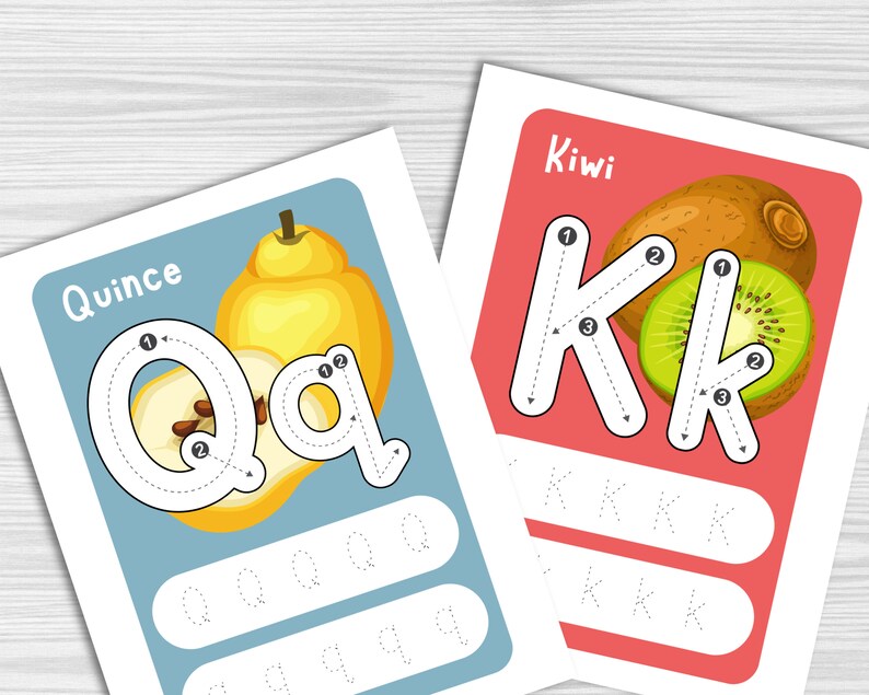 May include: Two printable alphabet tracing worksheets for children. The first worksheet features a quince and the letter Q. The second worksheet features a kiwi and the letter K. Both worksheets have dotted lines to help children trace the letters and practise writing them.