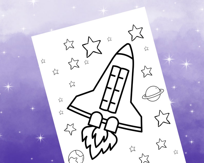 May include: A black and white line drawing of a rocket ship taking off into space. The rocket has a large window and a long tail of flames. There are stars and a planet in the background.